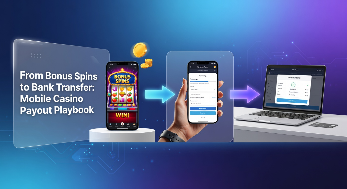Illustration of a mobile banking app showing a casino payout transferring to a bank account with security icons