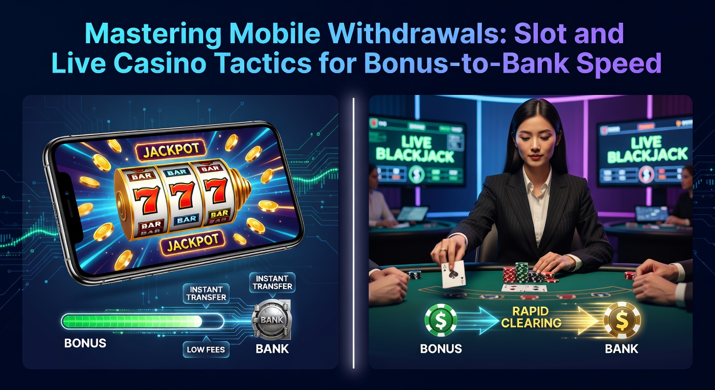 Smartphone screen displaying a mobile casino app with quick withdrawal options for slots and live games, highlighting bonus cashout speed
