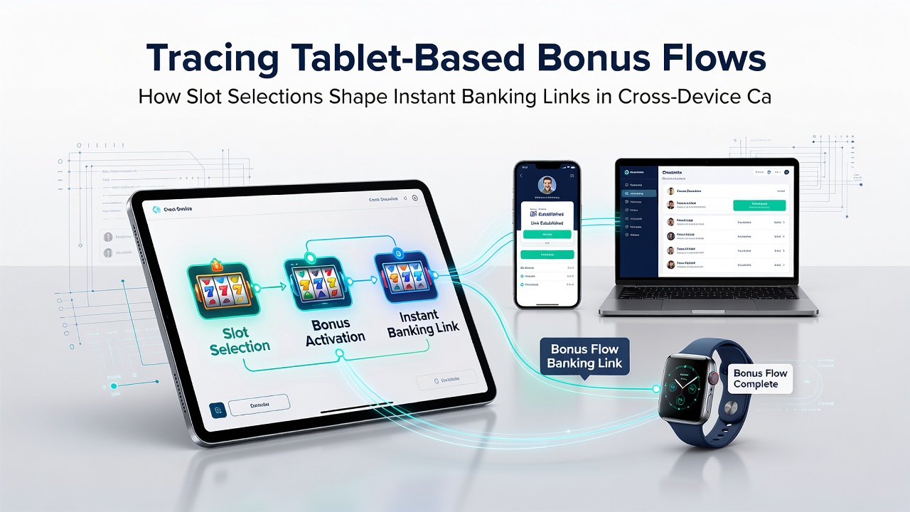 Cross-device casino network diagram illustrating bonus flows from tablet slots to banking links