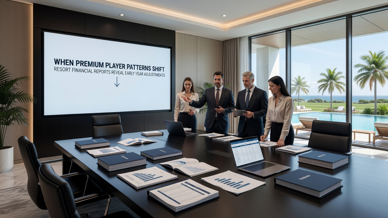Financial analysts reviewing casino revenue reports with charts highlighting premium player adjustments